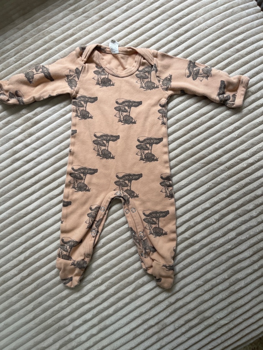 kate quinn tan footie with dark Brown Mushroom Print
